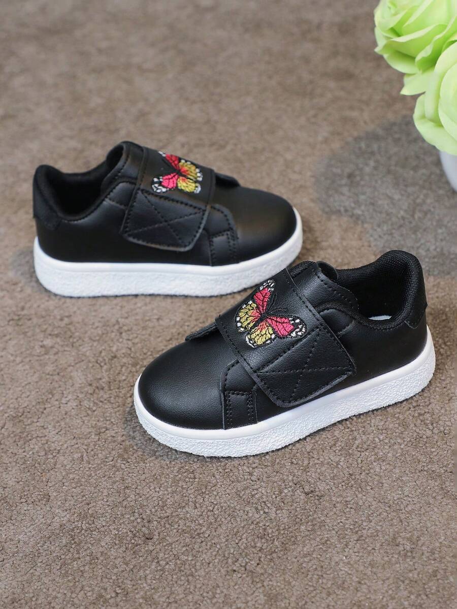 1 Pair Girls Boys Versatile Hook And Loop Comfortable Breathable White Sneakers With Colorful Powder Decoration Patchwork Fashion Flat Shoes Campus Student Casual Style Baby Shoes Running Sports Shoes - Black - View 1
