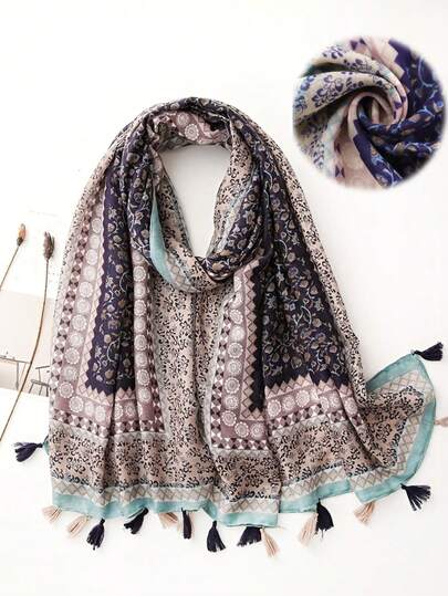1pc Women Fashion Casual Floral Pattern Tassel Scarf Shawl, Suitable For Travel, Vacation, Outdoor, Daily Wear, Versatile