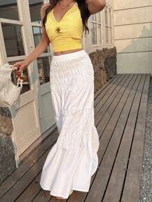Women's Long White Pleated Skirt, Non-Stretch Fabric, Suitable For Daily Wear - White - View 7