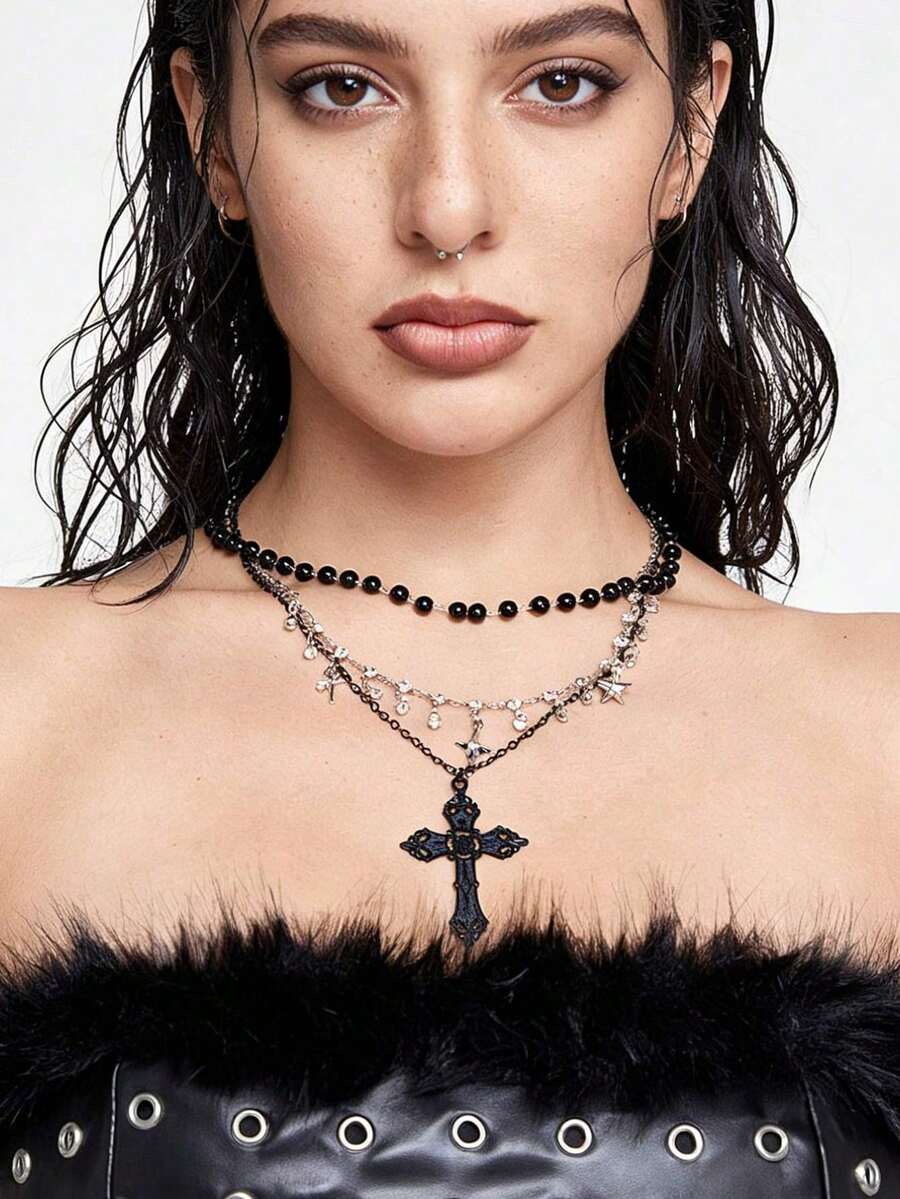 Bộ 3 món: Dây chuyền đính đá hình ngôi sao nhiều lớp thời trang, Dây chuyền choker mặt dây chuyền hình thánh giá cổ điển dành cho nữ - màu đen - Xem 1