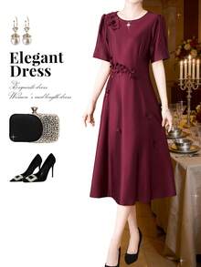 Đầm thời trang xuân/hè mới dành cho mẹ, đầm chữ A cổ tròn, trang phục thanh lịch dành cho nữ với chi tiết cánh hoa 3D, phù hợp cho đám cưới, dự tiệc, hàng ngày, thường ngày, tiệc tùng, trang trọng, lễ đính hôn, lễ kỷ niệm, giao lưu, sinh nhật, lễ tốt nghiệp. - Màu đỏ tím - Xem 2