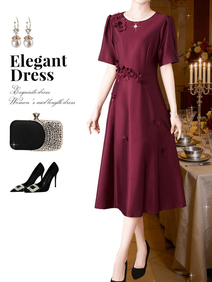 Đầm thời trang xuân/hè mới dành cho mẹ, đầm chữ A cổ tròn, trang phục thanh lịch dành cho nữ với chi tiết cánh hoa 3D, phù hợp cho đám cưới, dự tiệc, hàng ngày, thường ngày, tiệc tùng, trang trọng, lễ đính hôn, lễ kỷ niệm, giao lưu, sinh nhật, lễ tốt nghiệp.