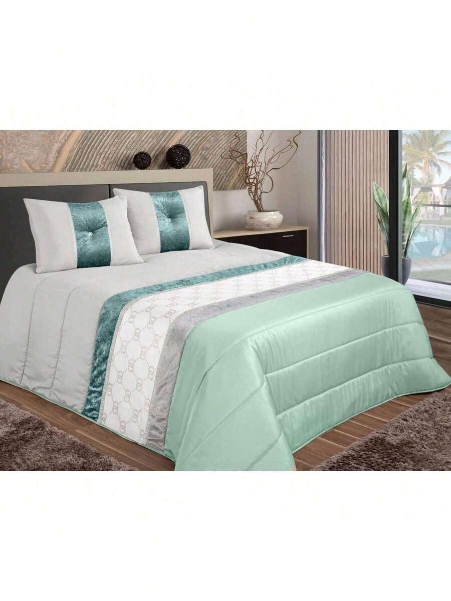 AURA DECO - Copriletto decorativo ELMA con cuscini e imbottitura inclusa, trapunta bouti di alta qualità per letto 135/150 cm (250x260 cm), comoda e durevole - Verde pastello - Visualizzare 1