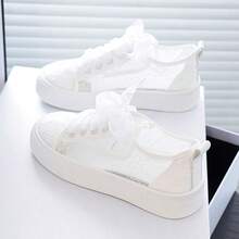 Women's Summer Mesh Casual Sneakers Lace-Up White Flat Shoes, Casual White Fashion Shoes - White - View 5