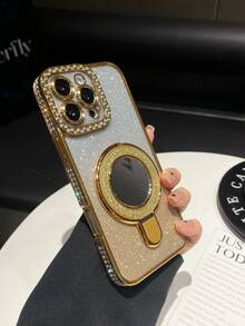 1pc Rhinestone Electroplated Laser Engraved Mirror Stand TPU Phone Case, Compatible With IPhone 16/7P/8P/X/XS/XR/XS Max/11/11 Pro/11 Pro Max/12/12 Pro/12 Pro Max/13/13 Pro/13 Pro Max/14/14 Pro/16 Plus/14 Pro Max/15/15 Pro/15 Plus/15 Pro Max - Gold - View 20