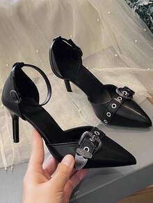 2026 Nuevos tacones de plataforma de punta afilada en color negro y contraste, versión coreana con hebilla metálica y tacón medio tipo Mary Jane para mujeres - Negro - Ver 5