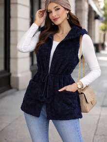 Chaleco Polar Peluche Ligero Delgado Calientito Para Mujer De uso diario casual Con Bolsas y Borlitas - Azul Marino - Ver 4