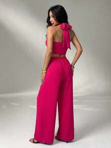 Set top convertible y pantalón mujer elegante dos piezas versátil cómodo moderno fresco corte alto un top dos maneras de usarlo primaveraverano - Rosa Fucsia - Ver 8