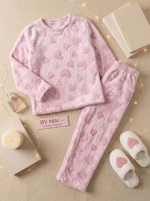 Teddy Plush Winter Pajamas For Kids - Pink Heart - Hot Pink - View 3