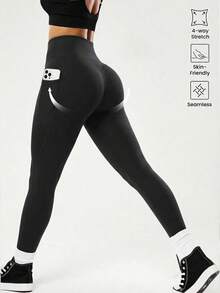 Nuevos pantalones deportivos de cintura alta y elasticidad alta para mujer talla grande, pantalones casuales diarios y para exteriores, de unicolor con bolsillos, adecuados para gimnasio, deportes, pilates - Negro - Ver 5