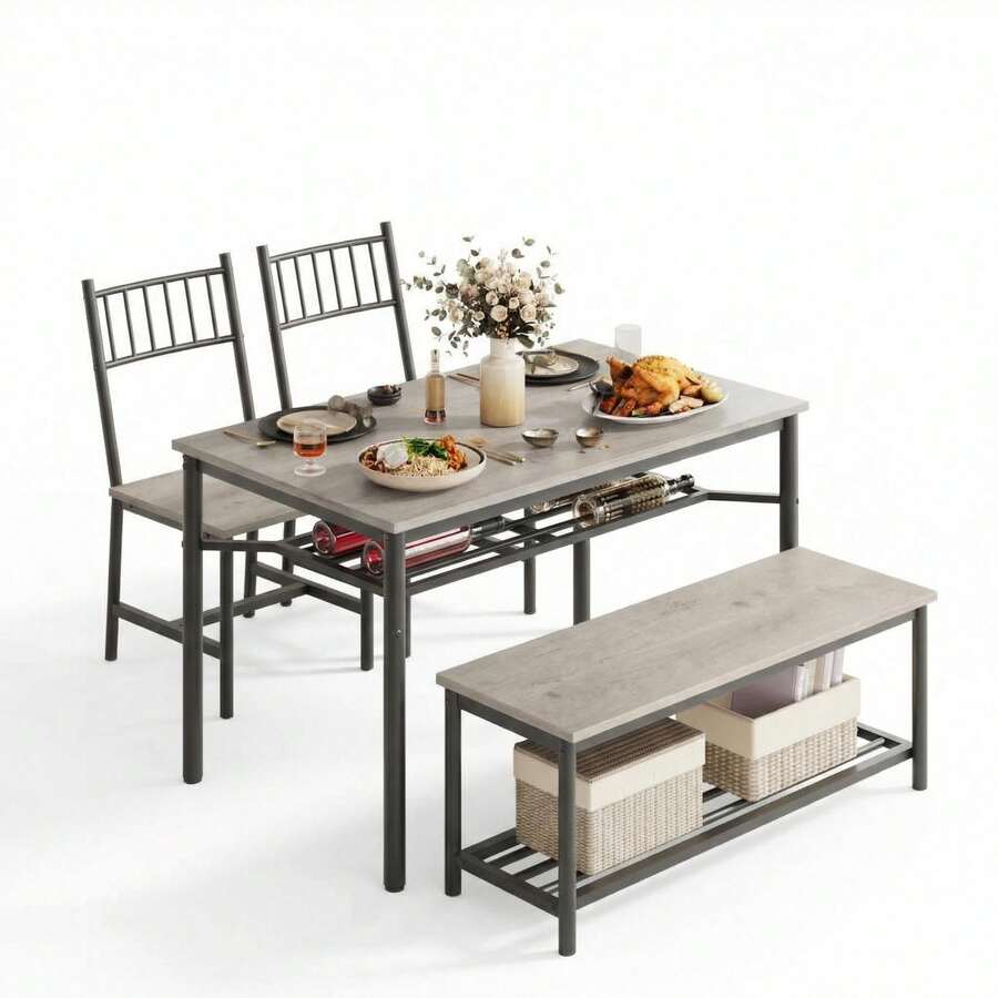 Juego de mesa de comedor estilo granja para 4 personas, moderna mesa de cocina rectangular con 2 sillas tapizadas, bancos y estante de almacenamiento, juego de muebles de comedor para espacios pequeños, apartamento, gris - Gris - Ver 1