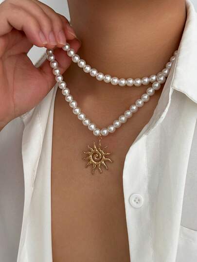 2件套嘻哈风仿珍珠火焰漩涡吊坠项链套装，几何链条饰品，复古摇滚街头风，百搭日常佩戴及男士礼物