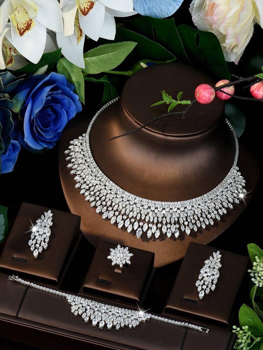 Bộ trang sức đính đá Cubic Zirconia hình thoi và hoa hướng dương, thích hợp cho nữ giới đeo đi dự tiệc. - Bạc - Xem 1