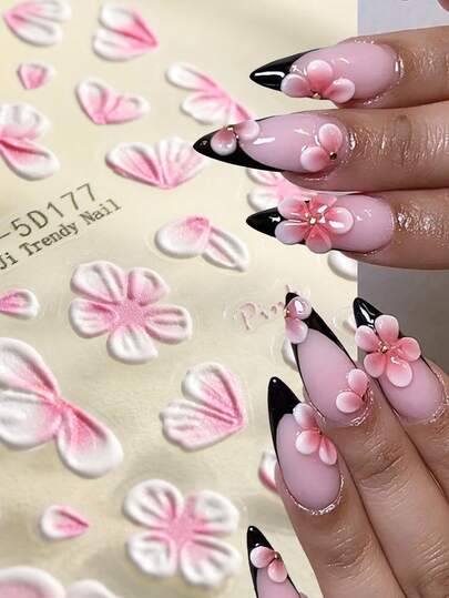 1/2 Piece 5D Cherry Blossom Nail Art Stickers, Shiny Pink Petals Nail Decals, Floral Elegant Decoration, Pink Flower Nail Stickers, Sweet Pink Floral Pattern