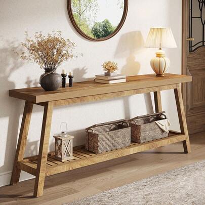 LITTLE TREE 180 Cm Farmhouse Console Table, Narrow Long 2-Tier Sofa Table Behind Couch For Entryway, Light Brown Entrance Table