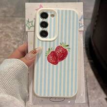 1个TPU材质浅蓝色条纹草莓图案时尚手机壳，兼容三星/A05s/A12/A13/A14/4G/A15/A21s/A23/A25/A32/5G/A34/A35/A50s/A51/A52/A53/A54/A55/A71/A72/A73/S10/S20FE/S20Ultra/S21Ultra/S22/S22Plus/S23/S24、红米10C/12C/Note10/11/12/13/ProPlus/Note8/9Pro，全包防震软壳保护套 - 白色 - 查看 1
