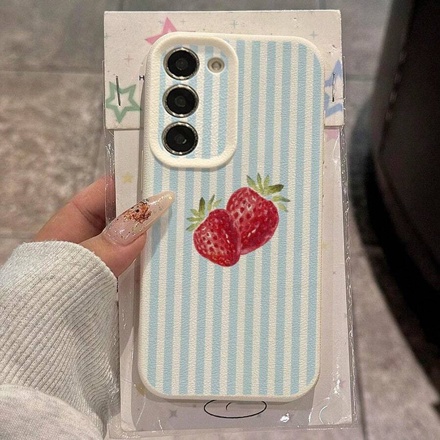 1个TPU材质浅蓝色条纹草莓图案时尚手机壳，兼容三星/A05s/A12/A13/A14/4G/A15/A21s/A23/A25/A32/5G/A34/A35/A50s/A51/A52/A53/A54/A55/A71/A72/A73/S10/S20FE/S20Ultra/S21Ultra/S22/S22Plus/S23/S24、红米10C/12C/Note10/11/12/13/ProPlus/Note8/9Pro，全包防震软壳保护套 - 白色 - 查看 1