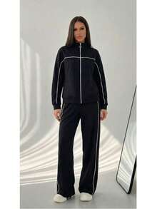Women's Long Sleeve Zip-Up Wide Leg Tracksuit Set With Trim Details - Black - View 2