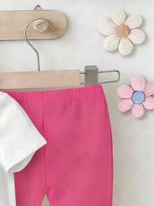Baby Girl Cartoon & Letter Print Short Sleeve T-Shirt And Flare Pants Set - Hot Pink - View 5