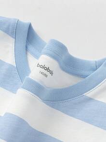 Balabala Young Boy Soft Fabric Cartoon Smiley Face Striped Print Round Neck Short Sleeve Casual T-Shirt, Loose Fit - White and Blue - View 10