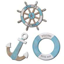 1/3 PiecesNautical-Themed Wall Decor Set - Wooden Anchor, Rudder, And Lifebuoy With "Welcome Aboard" And "Boat" Stamps; Summer Ocean-Themed Hanging Wall Decor; Indoor Nautical Wall Decor - 彩色 - 查看 6