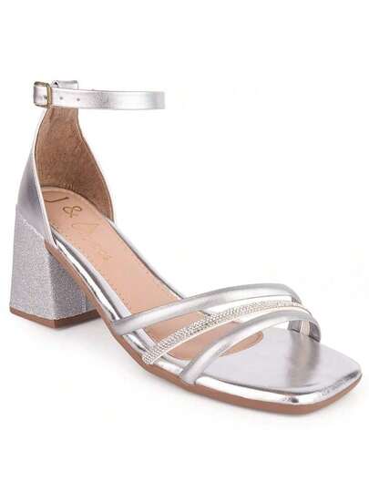 Sandalia Casual Feminina Salto Baixo Tiras Tranversais Strass Traseiro Fechado Confortavel Moda Elegante Metalizado