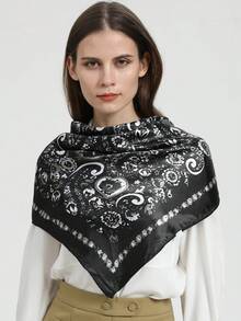 Women's Printed Satin Scarf 90x90 Large Square Summer Fashion - 黑色 - 查看 2