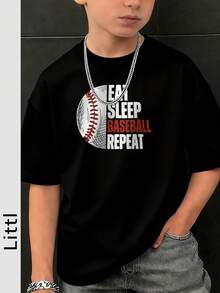 Tween Boy Casual Slogan Baseball Printed Black Round Neck Short Sleeve T-Shirt Summer Top - Black - View 1