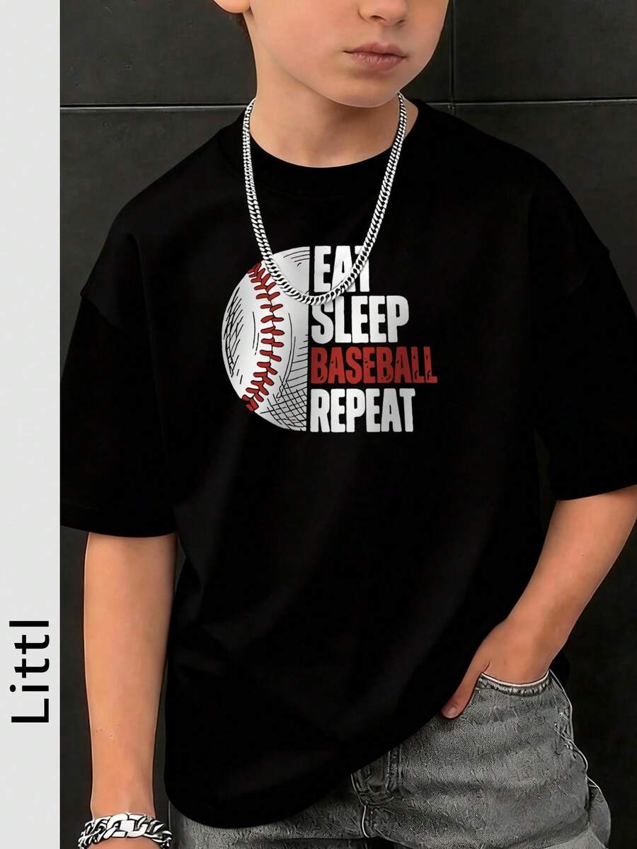 Tween Boy Casual Slogan Baseball Printed Black Round Neck Short Sleeve T-Shirt Summer Top - Black - View 1