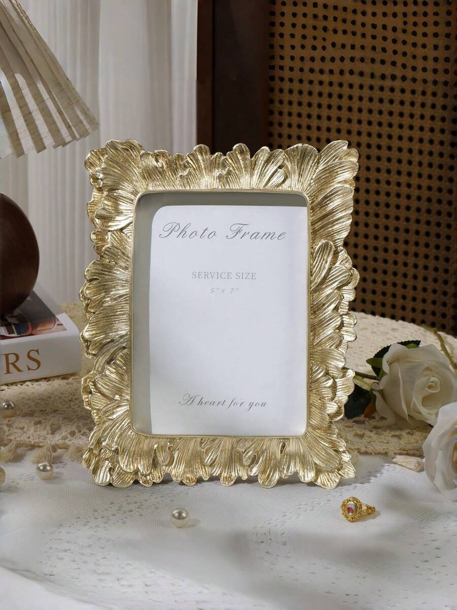 1pc Gold-Color Photo Frame, Handmade Resin Material With Succulent Plant And Golden Palm Leaf Texture, Elegant Retro Design, Home Decor Frame For Wall Or Tabletop Display - Multicolor - View 1