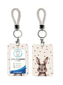 1pc Cute Rabbit Pattern ID Card Holder With Keychain, Clip And Butterfly Phone Lanyard, Keychain Badge Rack - Rectangle - View 7