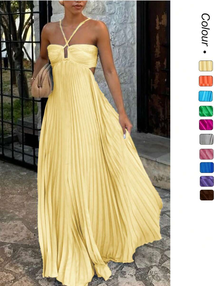 New Spring And Summer Casual Holiday Halter Neck Strapless A Swing Skirt Women's Extra Long Dress Spaghetti Straps Maxi Dress Flowy Pleated Swing Beach Long Dress Low Backless Sundress Romantic Floral Printed Beach Vacation Halter V-Neck Pleated Backless A-Line Dress For Summer Hawaii,Summer Dresses For Women,Tea Party Dress,Graduation Party Dress - 黃色 - 查看 1