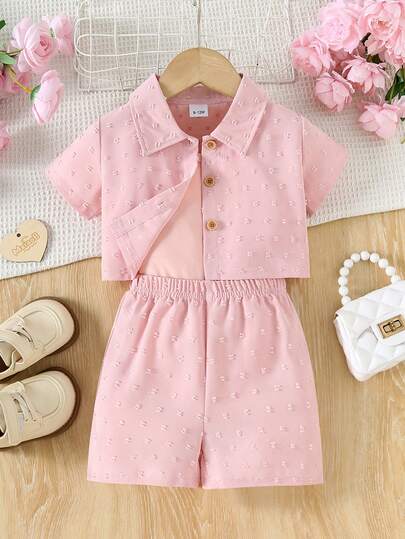 3pcs/Set Baby Girls' Sweet Style Summer Outfit, Includes: Floral Jacquard Crop Top, Casual Shorts, And Solid Color Comfortable Breathable Romper