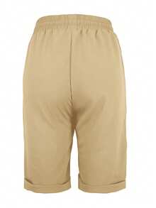 Solid Color Elastic Waist Drawstring Pocket Pleated Fabric Khaki Shorts, Casual & Vacation Wear Summer - Khaki - View 3