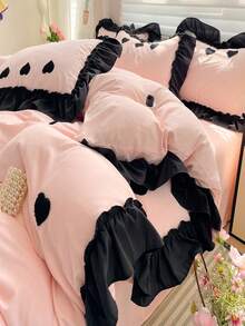 3pcs Pink Heart Embroidered Bedding Set, Korean Queen Size Duvet Cover, 1pc Soft Ruffle Duvet Cover And 2pcs Pillow Shams - Baby Pink - View 7