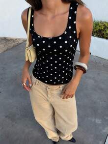 Women's Y2k Polka Dot Tank Top Sleeveless Square Neck Slim Fit Crop Tops Summer Backless  Basic Camisole Vest Going Out Top Tee Party Streetwear - 黑色 - 查看 3