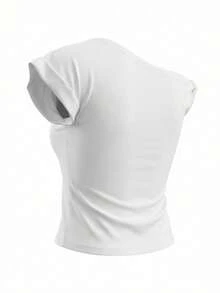 女士不对称肩部短袖T恤，独特设计，甜美性感小码露脐上衣，夏季 - 白色 - 查看 9