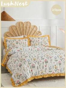 2pcs/3pcsFloral Prints Bedding Set - 1Comforter Cover & 1/2 Pillowcases, Soft Polyester, Breathable & Machine Washable Cottagecore Ruffle Decor, Farmhouse Style ,Bedroom Accessories - Multicolor - View 1