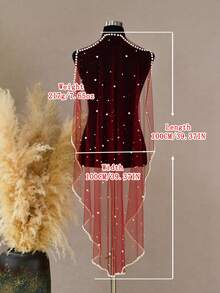 1 pièce Serre-tête de mariée en tulle bordeaux avec des perles de faux-perles, convient pour la cérémonie de mariage, la réception, les fiançailles. Accessoires pour tenues d'automne pour femmes, Saint-Valentin - V267 - Voir 12