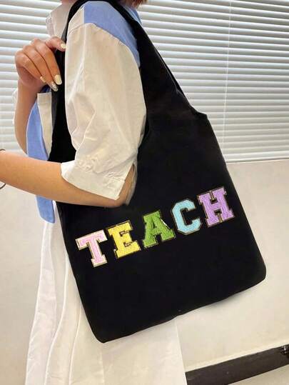 Túi vải canvas nữ, túi tote với khăn nhiều màu sắc thêu chữ "Teach", túi xách đựng đồ tạp hóa tái sử dụng, túi đa năng, túi đeo vai, túi tote cho học sinh, túi mua sắm xách tay khi ra ngoài, cặp sách văn học, túi đeo vai đơn chất liệu vải cho nữ, hoàn hảo cho bãi biển, trường học, công sở và sử dụng hàng ngày, dùng trong lớp học, quà tặng cho giáo viên, quà tặng ngày Nhà giáo.