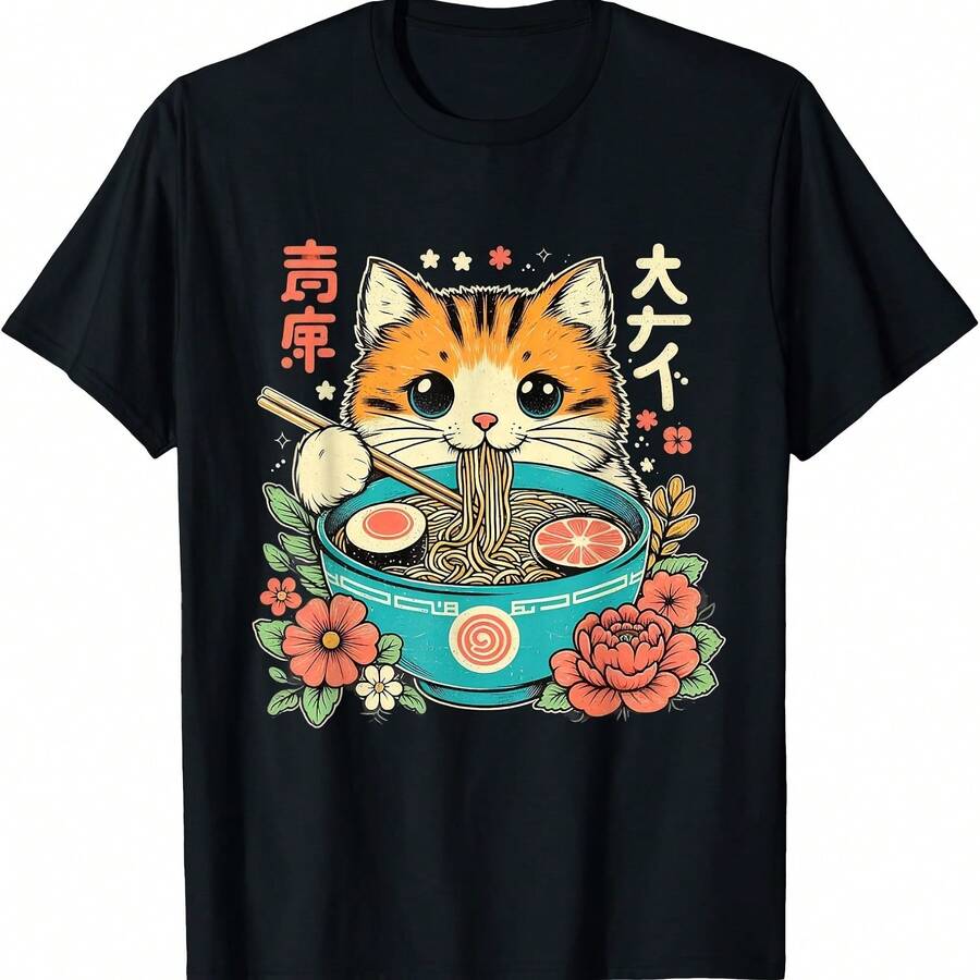 Camiseta estética otaku para amantes de los fideos japoneses Ramen Cat Kawa Neko - Negro 3 - Ver 1