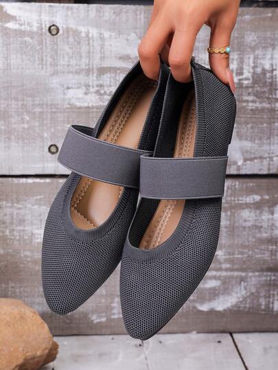 女士简约纯色棕黑色尖头平底针织套脚鞋，时尚优雅休闲风格；灰色时尚百搭玛丽珍鞋，透气防滑，适合所有季节，舞蹈鞋。
