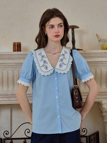 Simple Retro Women's Spring - Summer Fresh Doll - Collar Embroidered Lace Woven Shirt - Blue - View 7