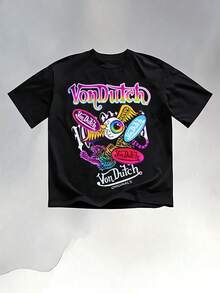 VONDUTCH Vibrant Graffiti Graphic Print T-Shirt Featuring Top Oversized "VONDUTCH" Lettering In Rainbow Gradient, Central Collage Of Multiple "VONDUTCH" Oval Logos In Bold Multicolor Hues, A Stylized Color-Shifting, Prism-Like Eye Motif, Rainbow Tiger Accent, And Bottom "VONDUTCH ORIGINALS" Script In Classic White, Crafted From 100% Cotton For A Soft, Breathable Wearing Experience, Designed For Comfortable Daily Casual Wear, Urban Hangouts, Art-Inspired Outings And Stylish Gatherings, Serving As A Bold Wearable Statement Of Retro Pop Culture And The Fusion Of Graffiti Aesthetics, Prismatic, Kaleidoscopic Design And Iconic Brand Legacy That Resonates With Enthusiasts Of Timeless Edgy Style And Artistic Expression - 黑色 - 查看 1