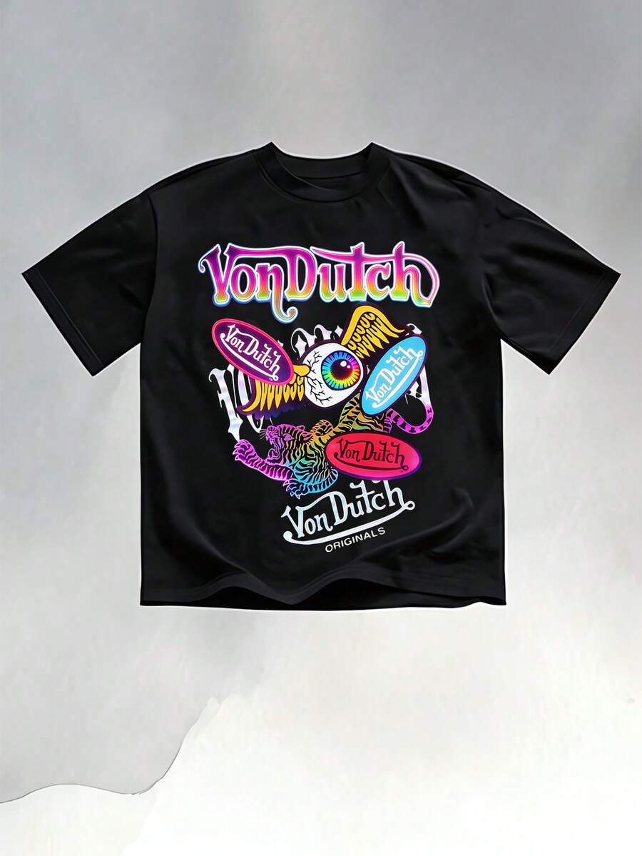 VONDUTCH Vibrant Graffiti Graphic Print T-Shirt Featuring Top Oversized "VONDUTCH" Lettering In Rainbow Gradient, Central Collage Of Multiple "VONDUTCH" Oval Logos In Bold Multicolor Hues, A Stylized Color-Shifting, Prism-Like Eye Motif, Rainbow Tiger Accent, And Bottom "VONDUTCH ORIGINALS" Script In Classic White, Crafted From 100% Cotton For A Soft, Breathable Wearing Experience, Designed For Comfortable Daily Casual Wear, Urban Hangouts, Art-Inspired Outings And Stylish Gatherings, Serving As A Bold Wearable Statement Of Retro Pop Culture And The Fusion Of Graffiti Aesthetics, Prismatic, Kaleidoscopic Design And Iconic Brand Legacy That Resonates With Enthusiasts Of Timeless Edgy Style And Artistic Expression - 黑色 - 查看 1