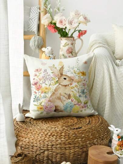 1/2/4pcs Colorlife Easter Eggs Bunny Throw Pillow Cover, Flowers Bowknot Cushion Case Decoration For Sofa Couch