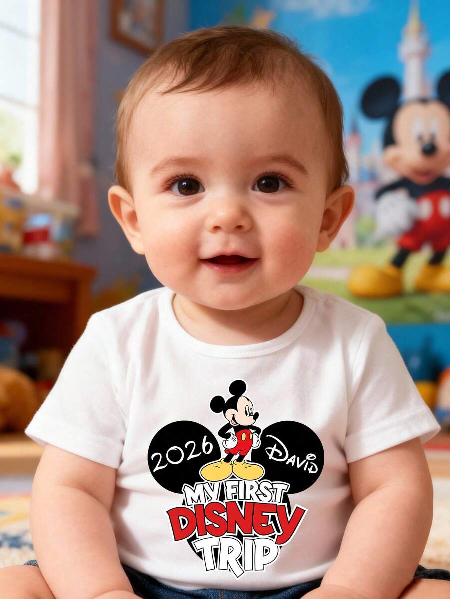 Disney Baby Boy T-Shirt Features A Mickey Mouse 2026 Lettering Cartoon Print Design Made From Breathable, Soft, And Comfortable Fabric Spring/Summer Infant And Toddler T-Shirt Perfect For Everyday Wear, Outings, And As A Gift For Babies And Children - 白色 - 查看 1