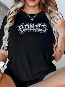 1pcs Women's Homies Letter Print T Shirt Casual 100% Cotton Round Neck Tee Streetwear Graphic Top, Gift Tee - màu đen - Xem 1