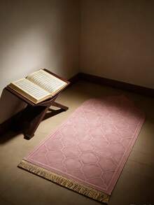 1pc Elegant Floral Prayer Mat - Soft Flannel, Machine Washable, Rectangular Comfort Mat With Golden-Lit Mosque Design For Indoor - Pink - View 4