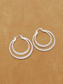 1 Pair Women's Double-Layer Round Hoop Earrings, Suitable For Daily Wear - Silver - View 2